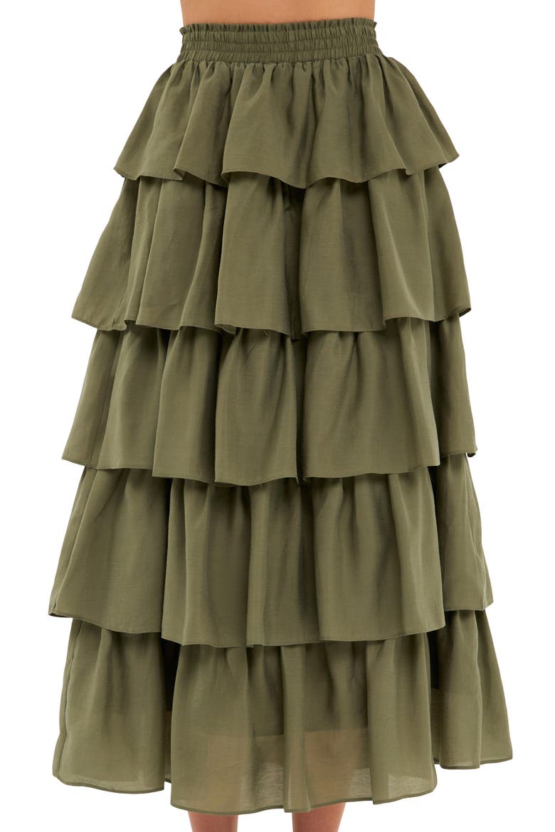 Ruffle Tiered Midi Skirt, Alternate, color, OLIVE
