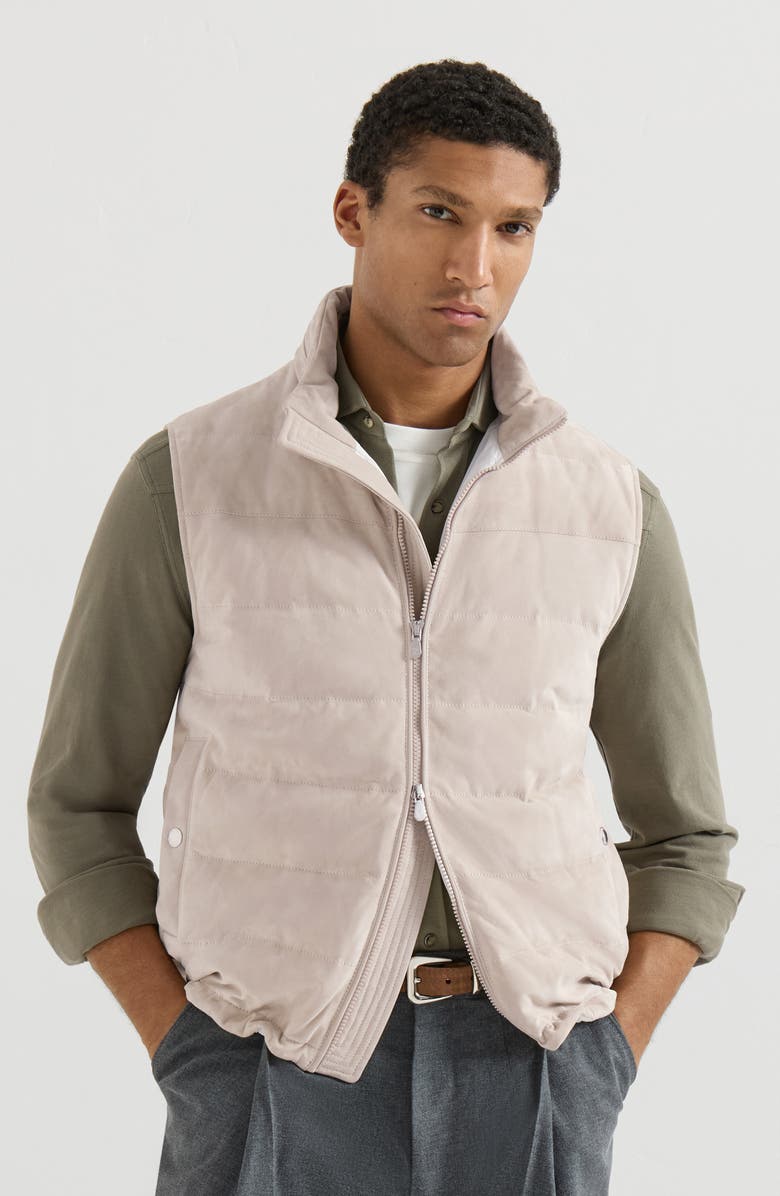 Brunello Cucinelli Suede down vest, Main, color, Light Brown