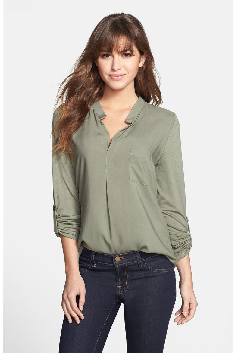 Mixed Media Roll Sleeve Top, Main, color, OLIVE GROVE