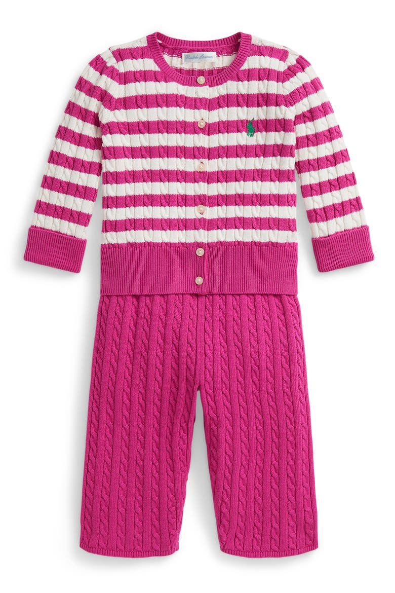 Cable Knit Cotton Sweater & Pants, Main, color, COLLEGE PINK