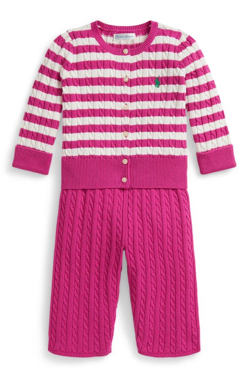 Ralph Lauren Mini-cable Cotton Cardigan & Pant Set In Pink