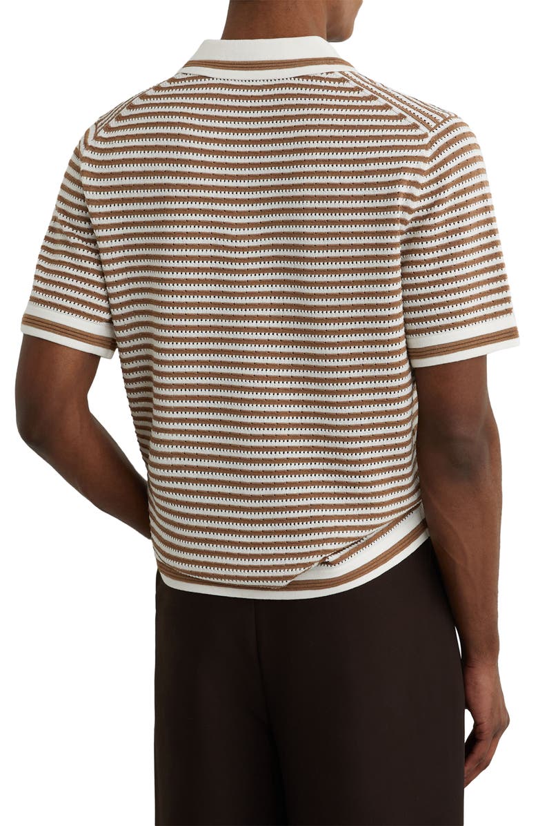 Reiss Carlford Stripe Pointelle Stitch Knit Polo, Alternate, color, Camel/ Off White