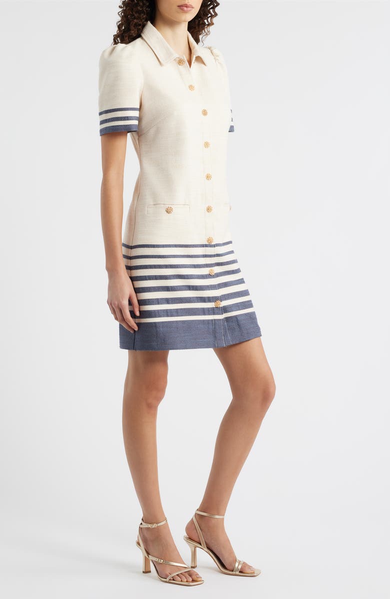 Eliza J Stripe Trim Snap Front Shirtdress, Alternate, color, Ivory Navy