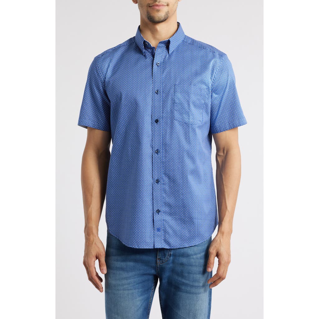 Johnston & Murphy Swirl Print Short Sleeve Button-down Shirt In Navy/blue