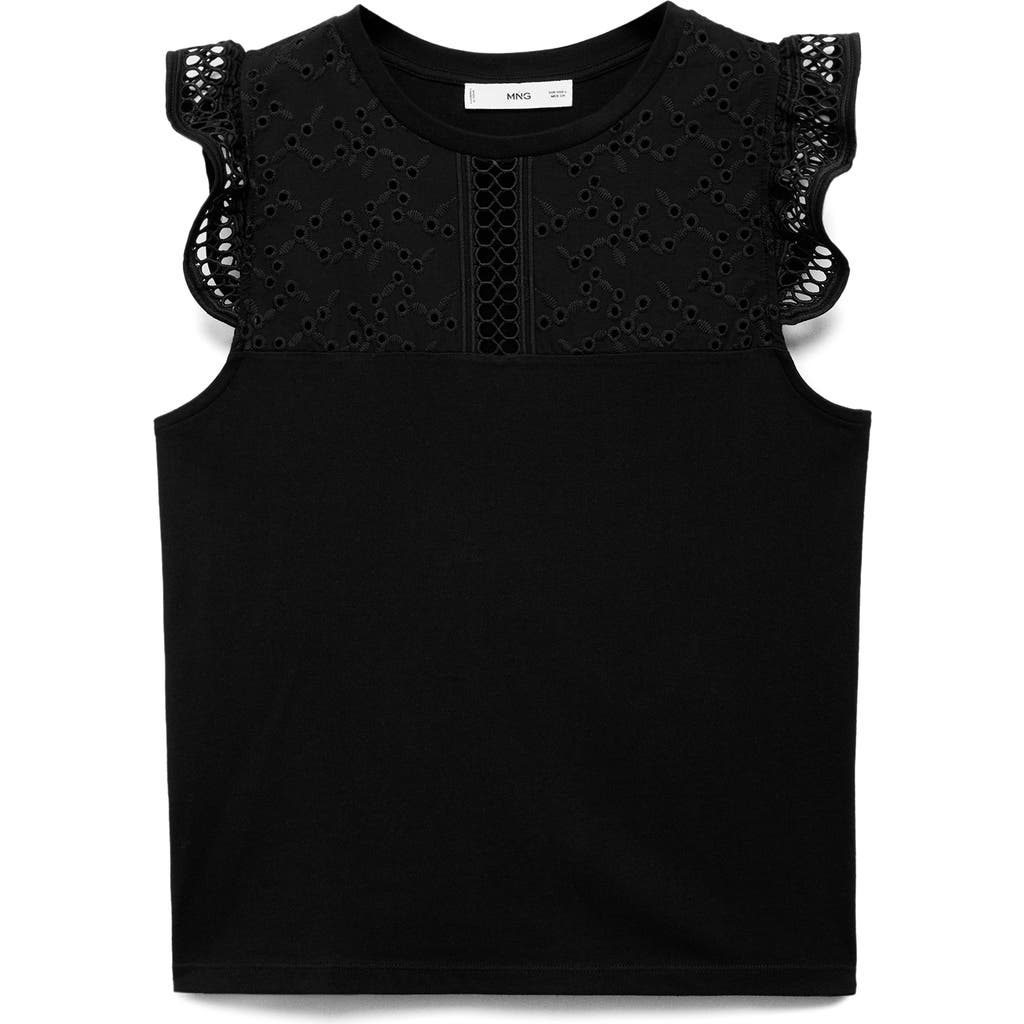 Mango Embroidered Eyelet Accent Cotton Top In Black