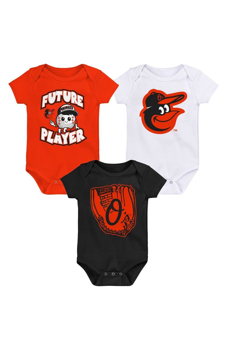 Outerstuff Newborn & Infant Orange/Black/White Baltimore Orioles Minor League Player Three-Pack Bodysuit Set, Main, color, 