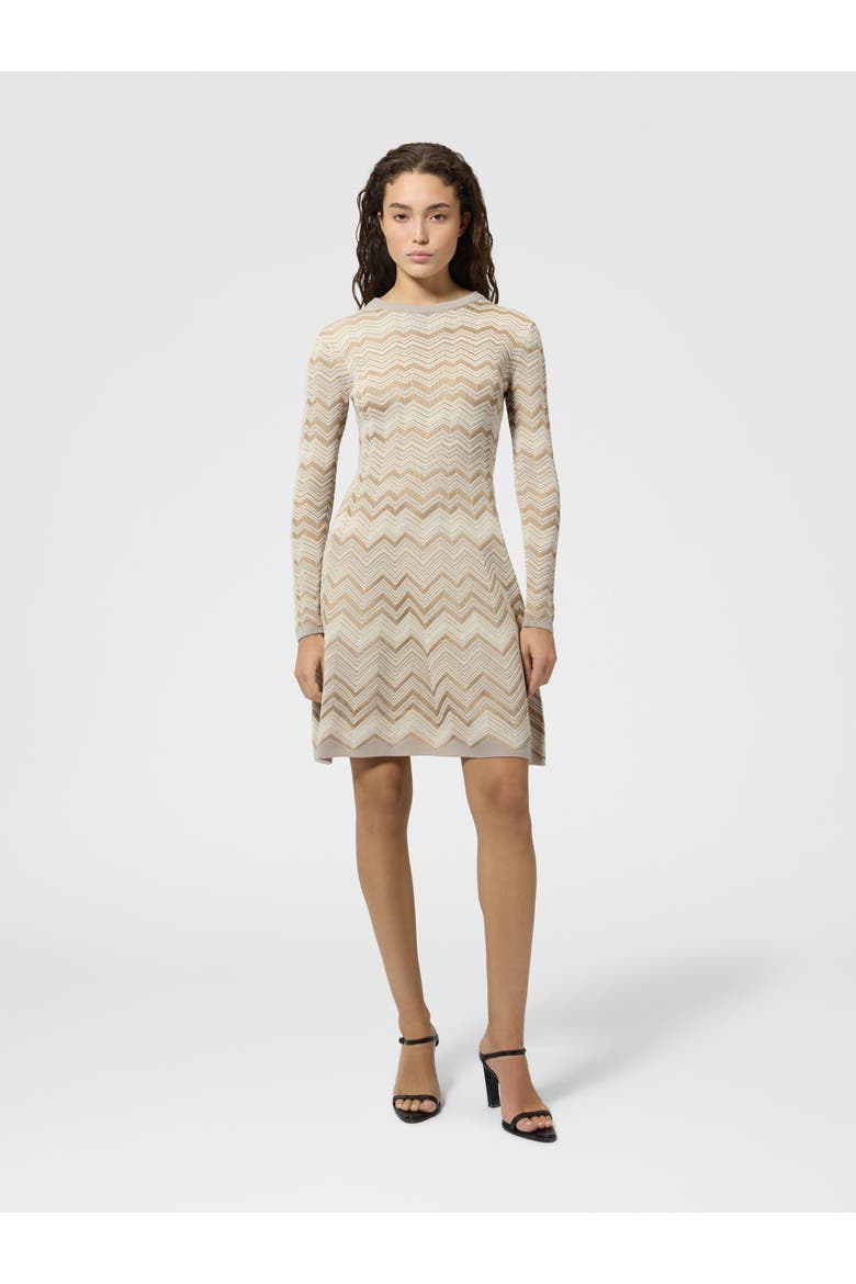 Zig Zag Viscose And Wool Crewneck Dress, Alternate, color, Beige