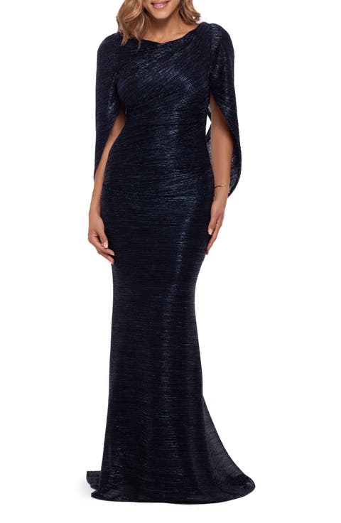 Cape Sleeve Metallic Crinkle Gown
