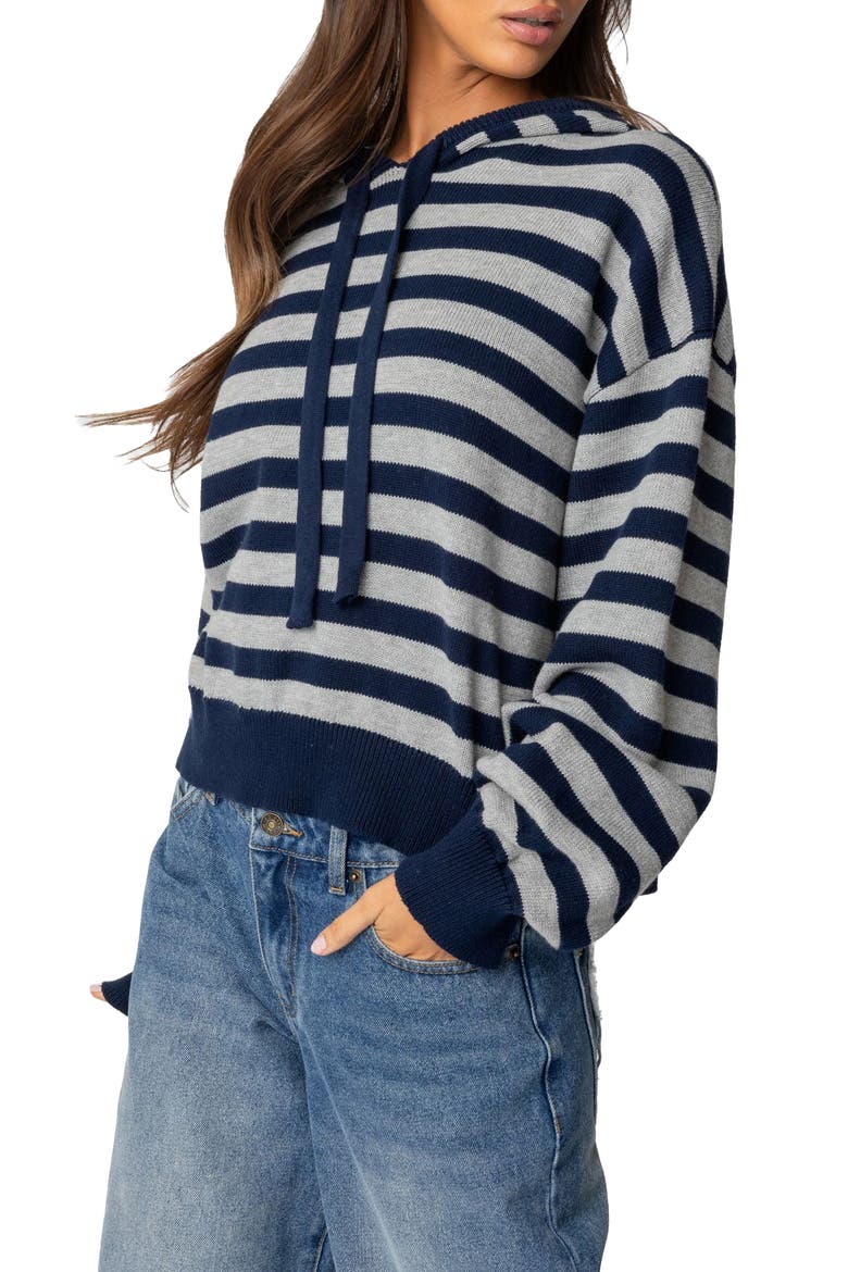 Stripe Hooded Cotton Sweater, Alternate, color, NAVY
