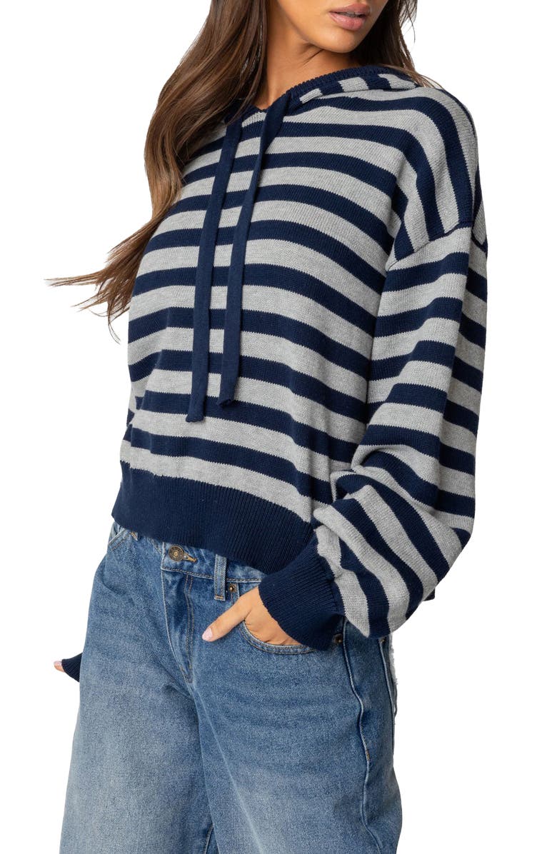 EDIKTED Stripe Hooded Cotton Sweater, Alternate, color, Navy