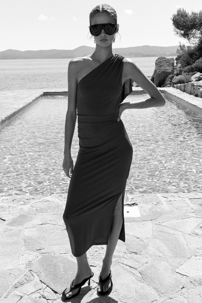 Draped-panel One-shoulder Dress, Alternate, color, Dark khaki green