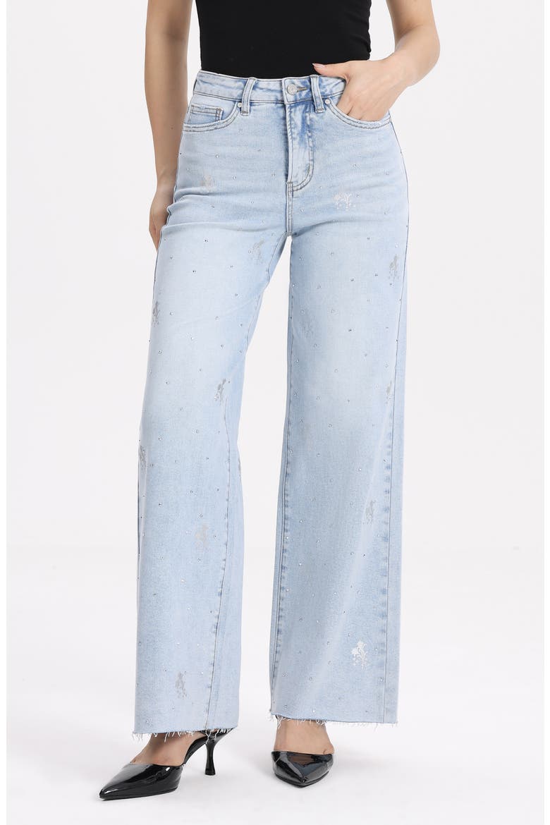 Embellished Raw Hem High Waist Wide Leg Jeans, Alternate, color, LIGHT BLUE
