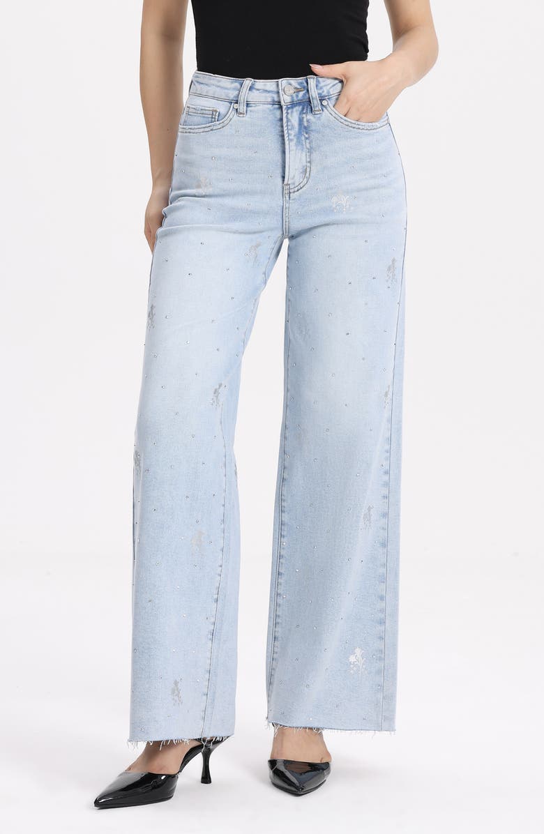 Bayeas Embellished Raw Hem High Waist Wide Leg Jeans, Alternate, color, Light Blue