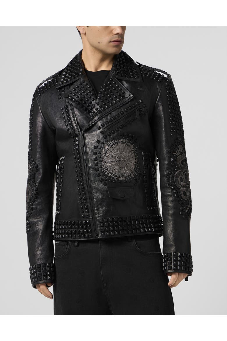 Vintage Leather Biker Jacket Tattoo Patches &Amp; Studs Men, Main, color, black