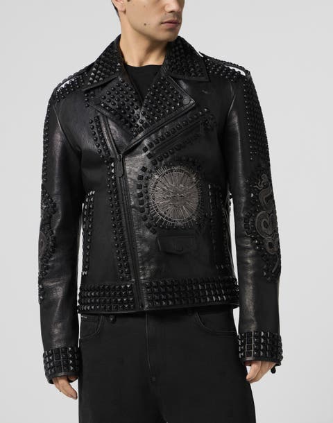 Vintage Leather Biker Jacket Tattoo Patches &Amp; Studs Men