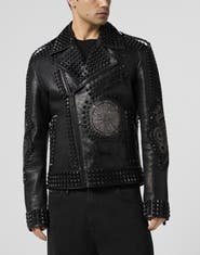 PHILIPP PLEIN Vintage Leather Biker Jacket Tattoo Patches &Amp; Studs Men