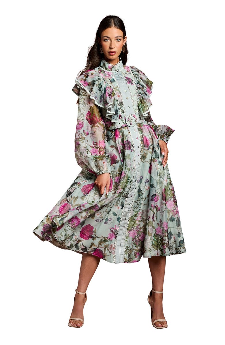 Coast Long Sleeve Printed Organza Shirt Dress, Main, color, Sage