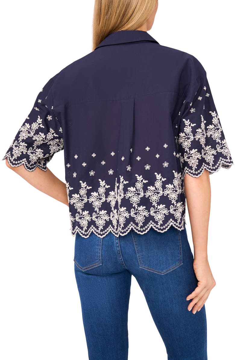 CeCe Floral Embroidery Woven Cotton Shirt, Alternate, color, Night Shade