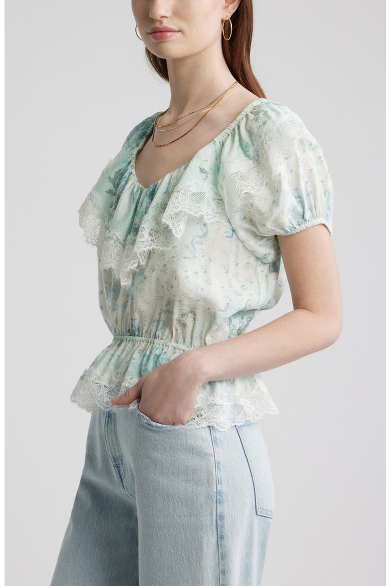 Lace Trim Puff Sleeve Peplum Top, Alternate, color, BLUE WALLPAPER COLLAGE