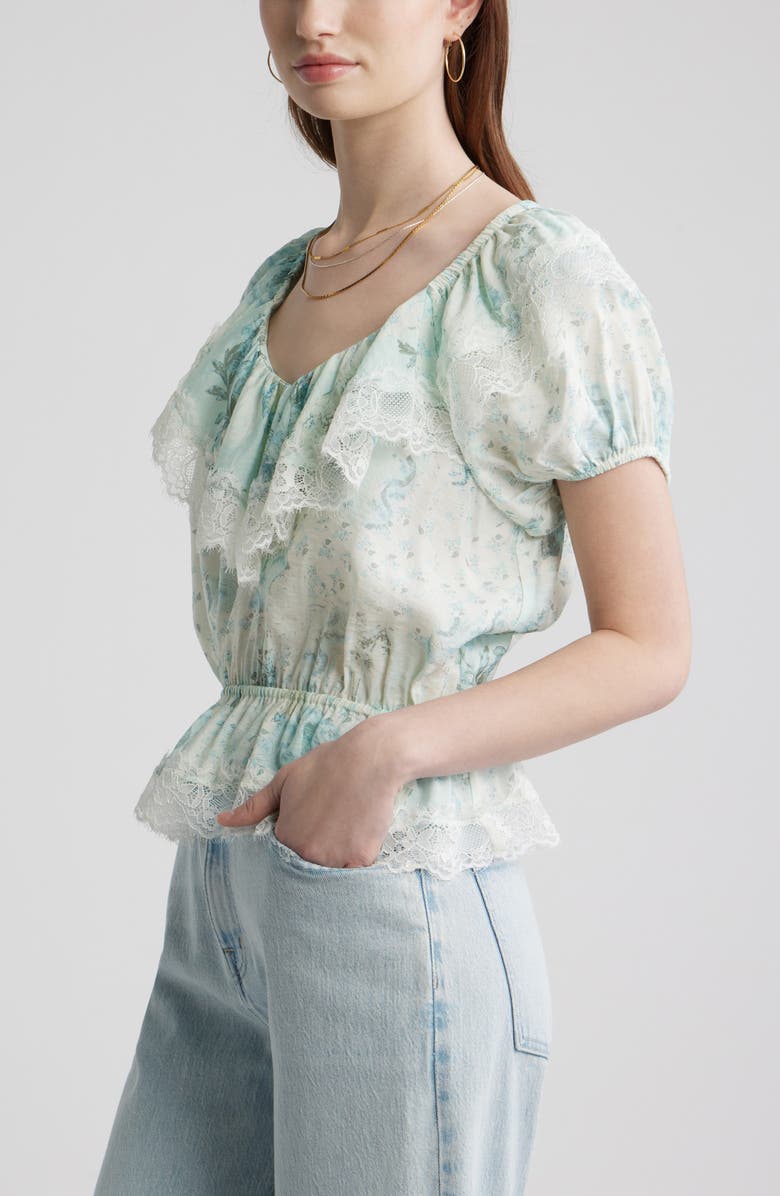 Treasure & Bond Lace Trim Puff Sleeve Peplum Top, Alternate, color, Blue Wallpaper Collage