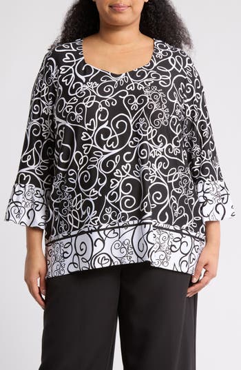 Ruby Rd. Ruby Rd Puff Print Bell Sleeve Top In Black