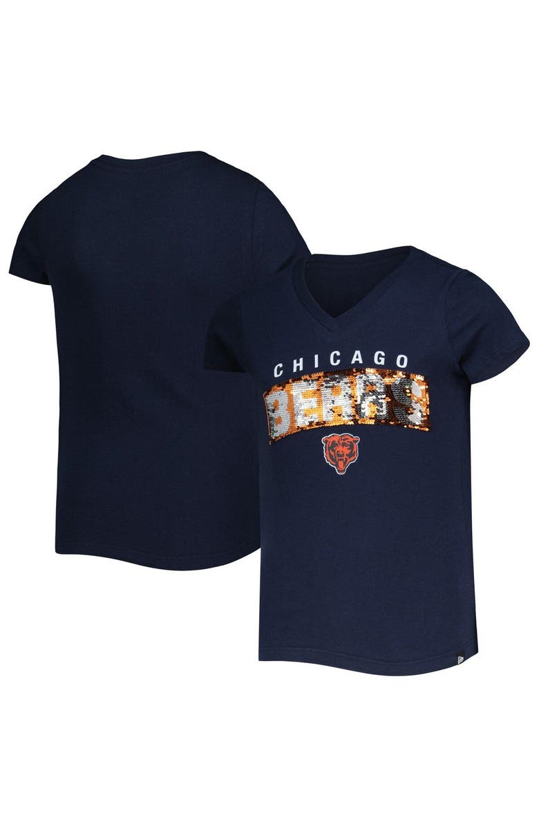 New Era Girls Youth New Era Navy Chicago Bears Reverse Sequin Wordmark V-Neck T-Shirt, Main, color, 