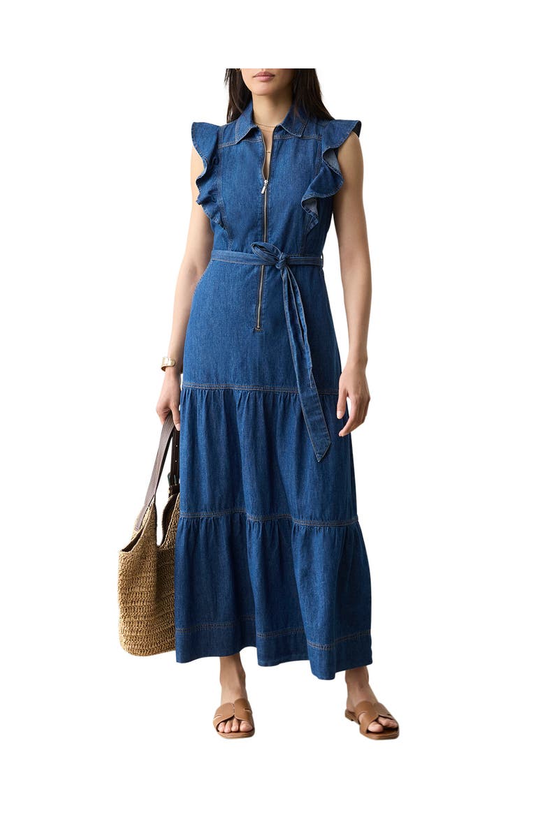 Denim Ruffle Maxi Shirt Dress, Main, color, Blue