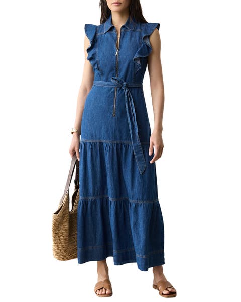 Denim Ruffle Maxi Shirt Dress