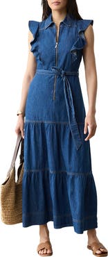 MINT VELVET Denim Ruffle Maxi Shirt Dress