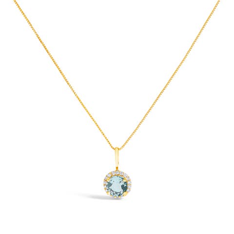 10K Gold Gemstone and 1/10 Cttw Diamond Accent Halo Pendant Necklace
