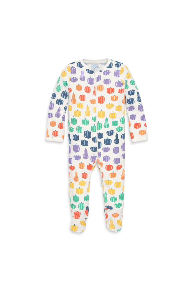 Baby Organic Zip Footie In Fall Prints, Main, color, Ivory Rainbow Pumpkin Patch