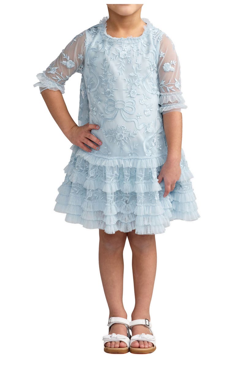 Mac Duggal Girls Micro Ruffle Embroidered Mini Dress, Main, color, Powder Blue