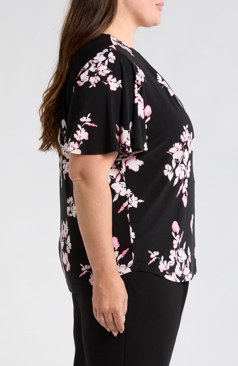 Anne Klein Floral Print Pleat Neck Top, Alternate, color, Anne Black Multi