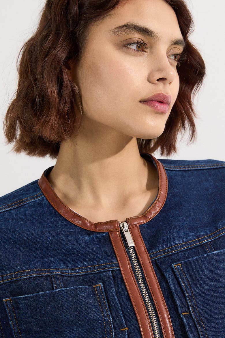 Denim & Leather Collarless Jacket, Alternate, color, Dark Wash