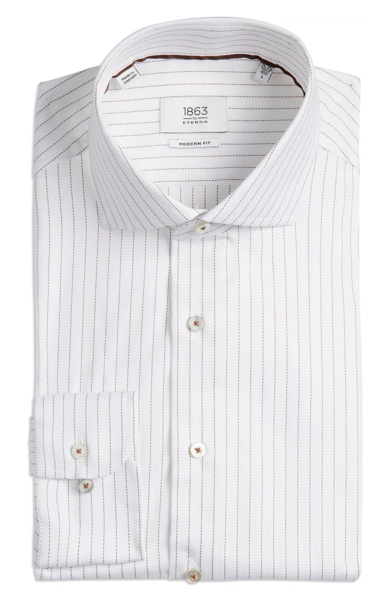 1863 by Eterna Modern Fit Stripe Non-Iron Cotton Dress Shirt, Main, color, Brown
