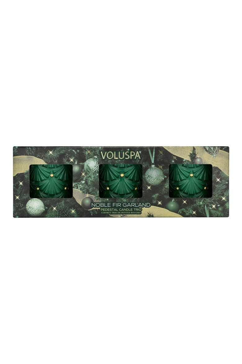 Noble Fir Garland Pedestal Candle Trio, Alternate, color, GREEN