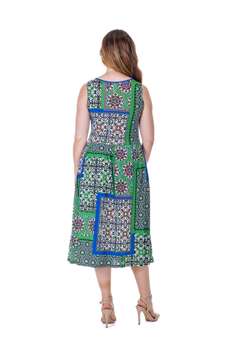 24seven Comfort Apparel Midi Length Scarf Print Sleeveless Pleated Pocket Dress, Alternate, color, Green Multi