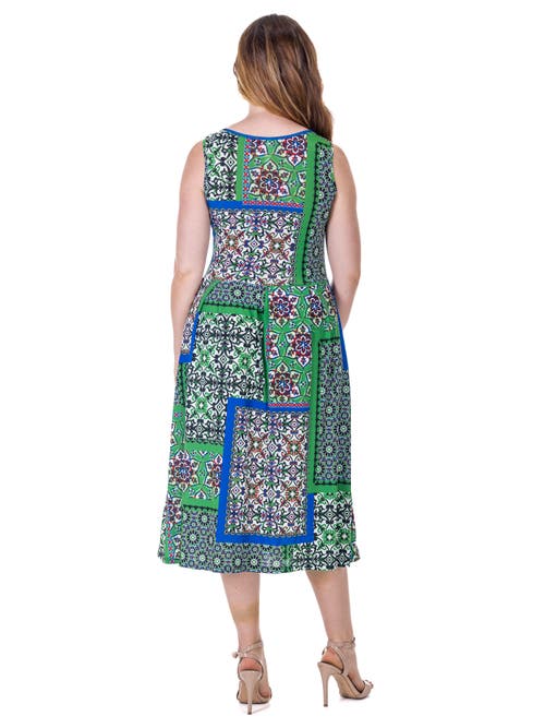 24seven Comfort Apparel Midi Length Scarf Print Sleeveless Pleated Pocket Dress In Multi