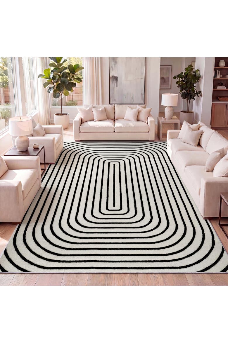 Freya High-Low Modern Scandinavian Arch Stripe Monotone Indoor/Outdoor Area Rug, Alternate, color, Black/White