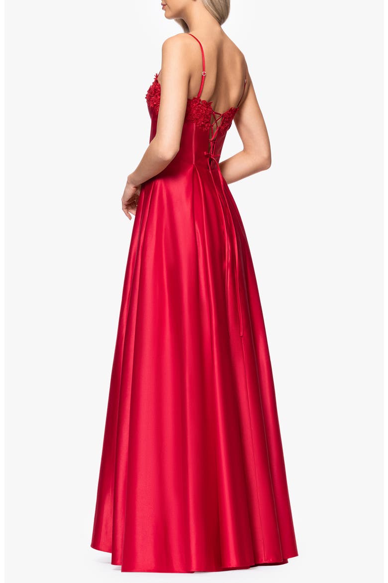 Floral Appliqué Lace-Up Satin Ballgown, Alternate, color, RED