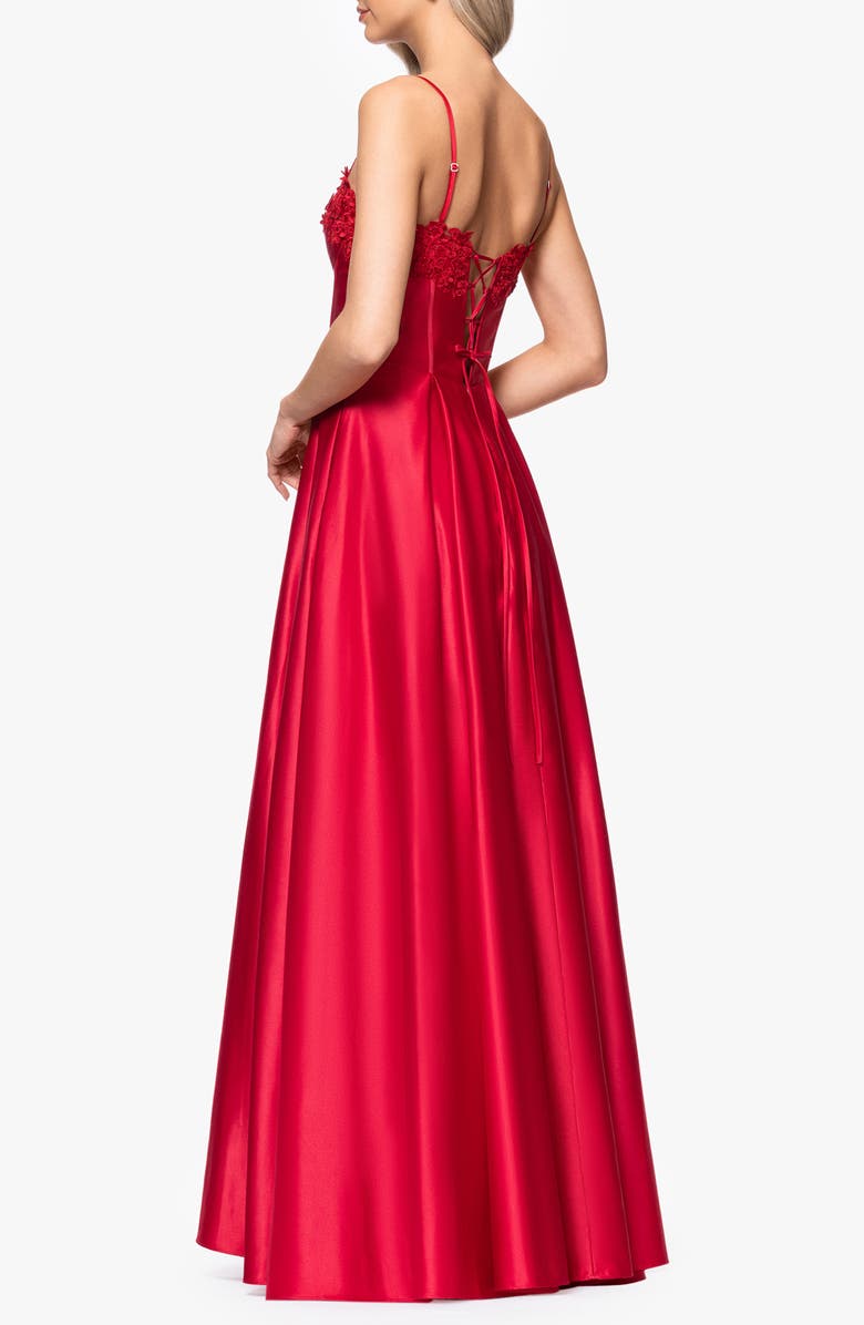 Blondie Nites Floral Appliqué Lace-Up Satin Ballgown, Alternate, color, Red