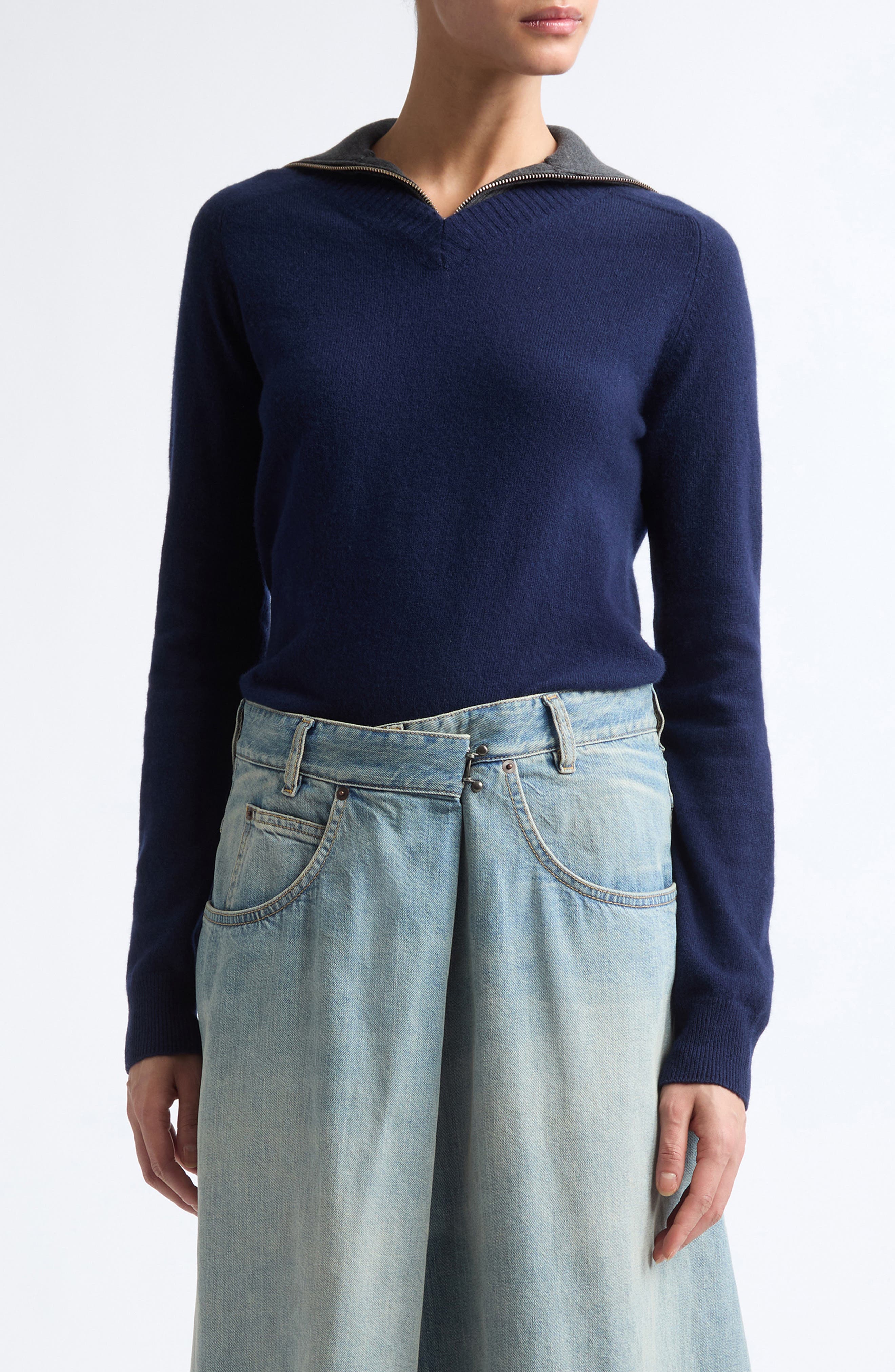MM6 Maison Margiela Wool & Cotton Blend Half Zip Sweater (Women