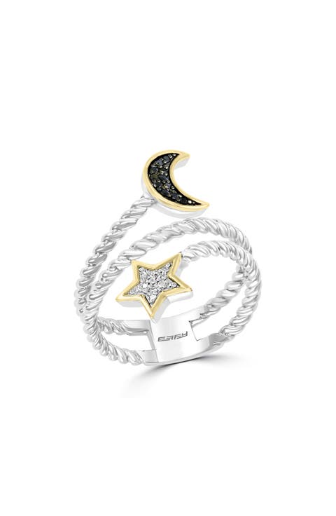 Sterling Silver Moon & Star Bypass Ring - 0.08ct.
