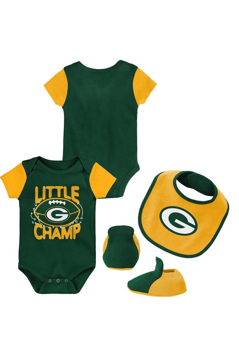 Newborn & Infant Green/Gold Green Bay Packers Little Champ Three-Piece Bodysuit Bib & Booties Set, Main, color, Green