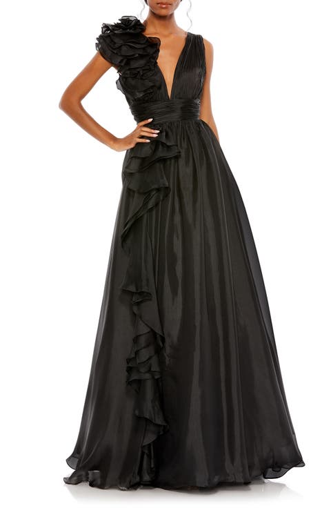 Ruffle Shoulder V-Neck Chiffon Gown