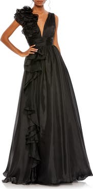 Mac Duggal Ruffle Shoulder V-Neck Chiffon Gown