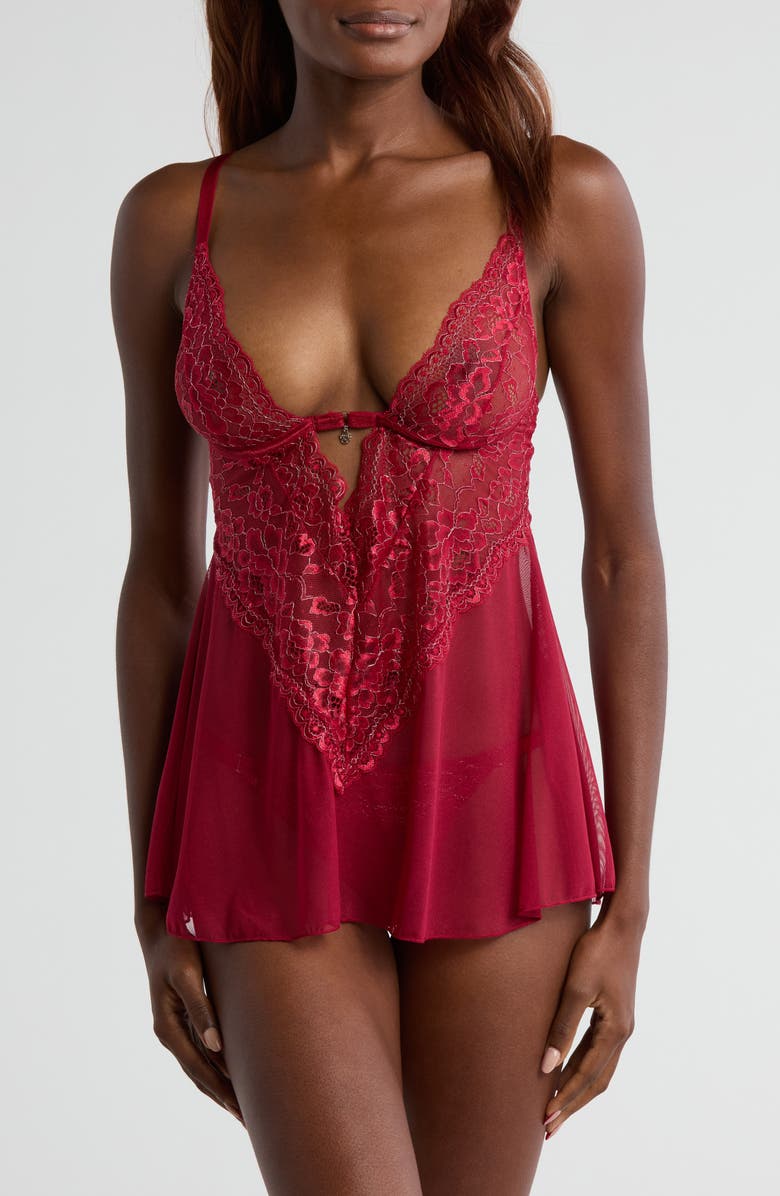 Coquette Floral Lace Babydoll Chemise & Thong Set, Main, color, Red