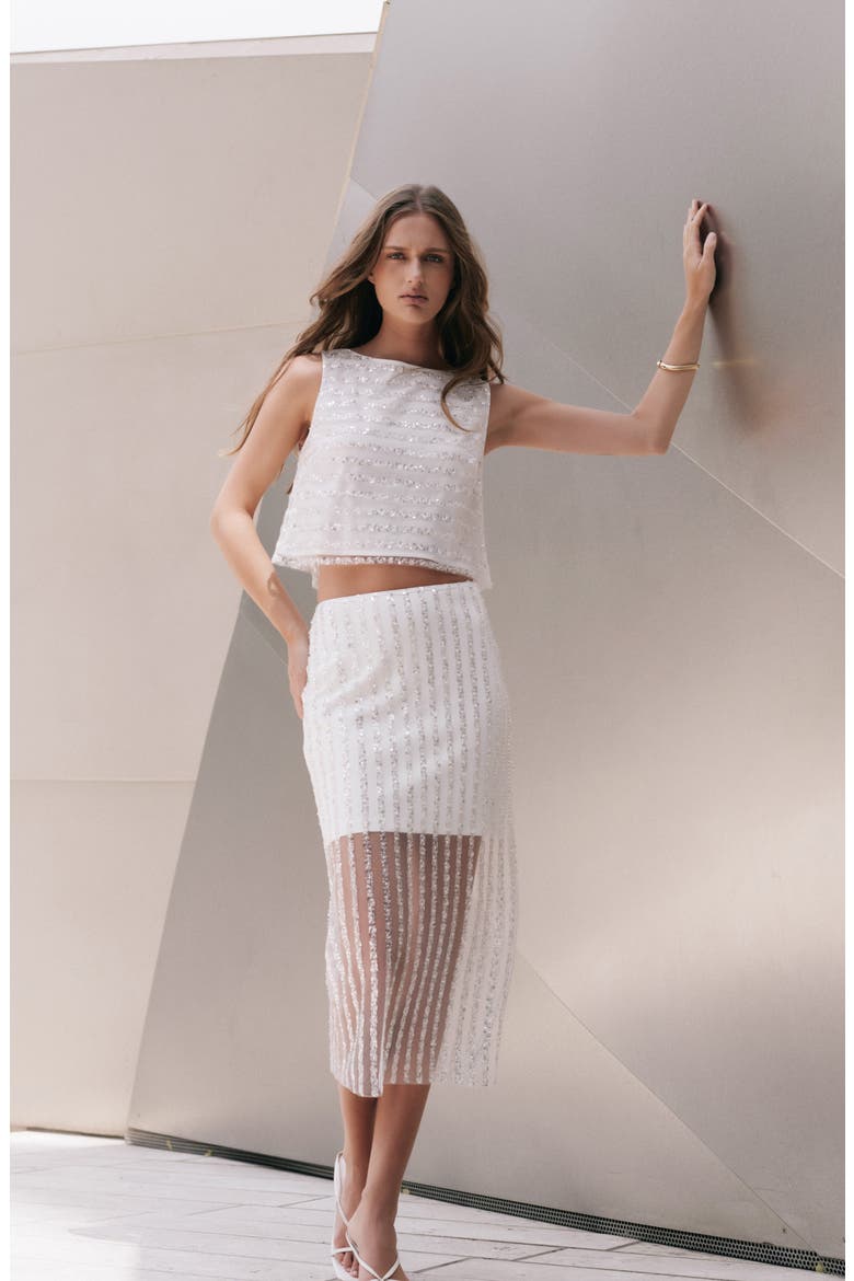 Sequin Stripe Mesh Midi Skirt, Alternate, color, OFF WHITE