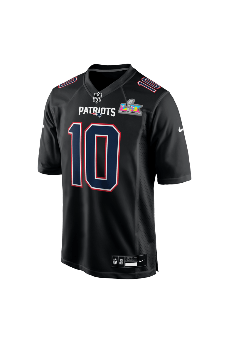 Men's Nike Drake Maye Black New England Patriots Super Bowl LX Patch Carbon Fashion Game Jersey, Alternate, color, Black