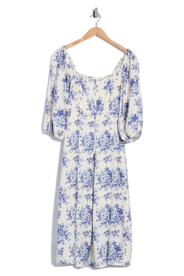 Floral Balloon Sleeve Fit & Flare Midi Dress, Alternate, color, IVORY/ BLUE